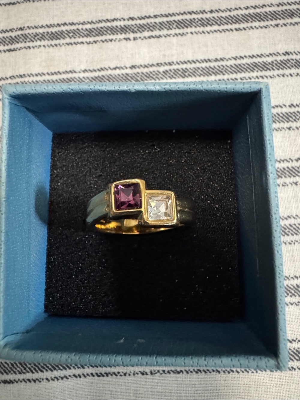 Gold Two-Stone Ring with Purple and Clear Stones